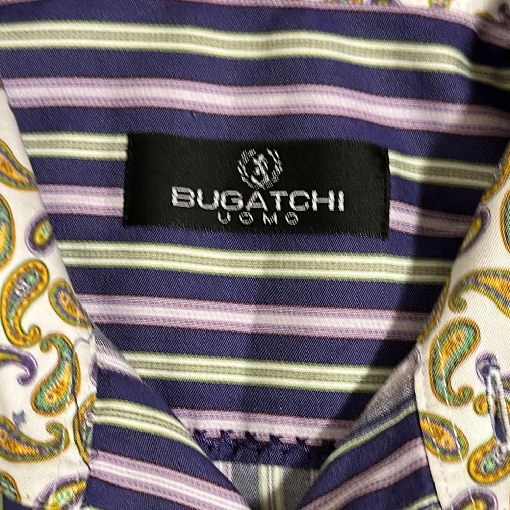 Bugatchi Uomo Shirt Mens L Purple Green White Striped Button Down Flip Cuff